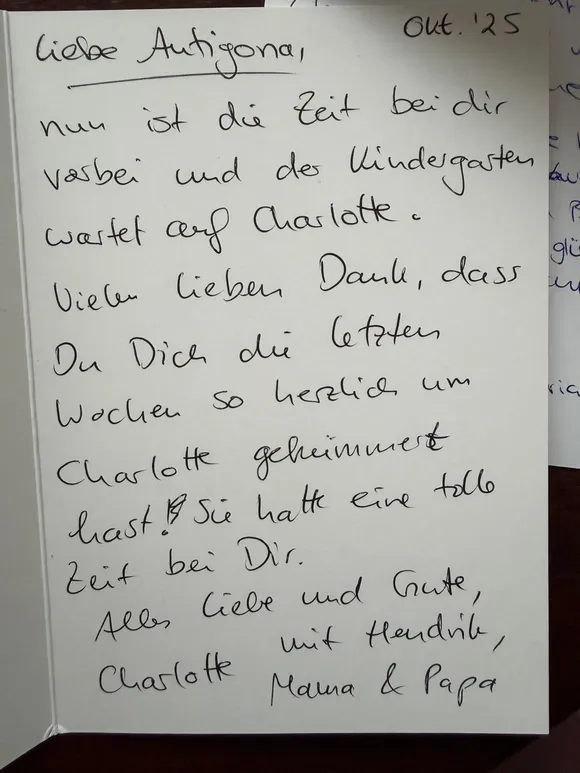 Dankeskarte einer Familie an Tagesmutter Antigona